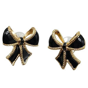 K.J.L Kenneth Jay Lane for Avon Black Enamel Bow Earrings Gold Tone Vintage